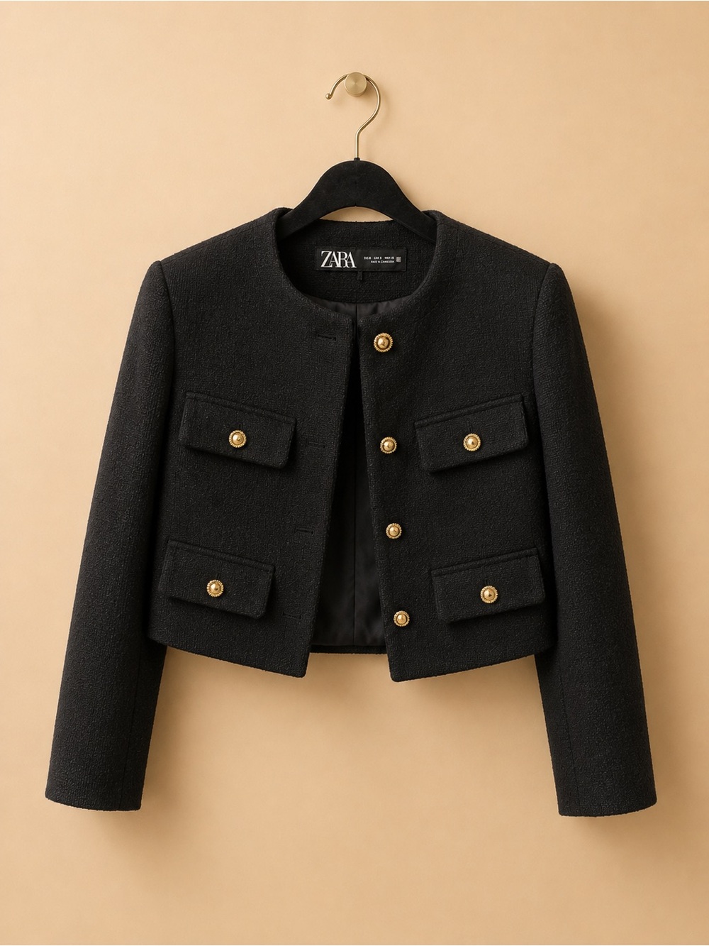 Zara Black Bouclé Cropped Blazer with Gold Buttons